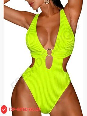 Plunge V One Piece Swimsuit Cut Out Textured Cheeky High Cut Monokini